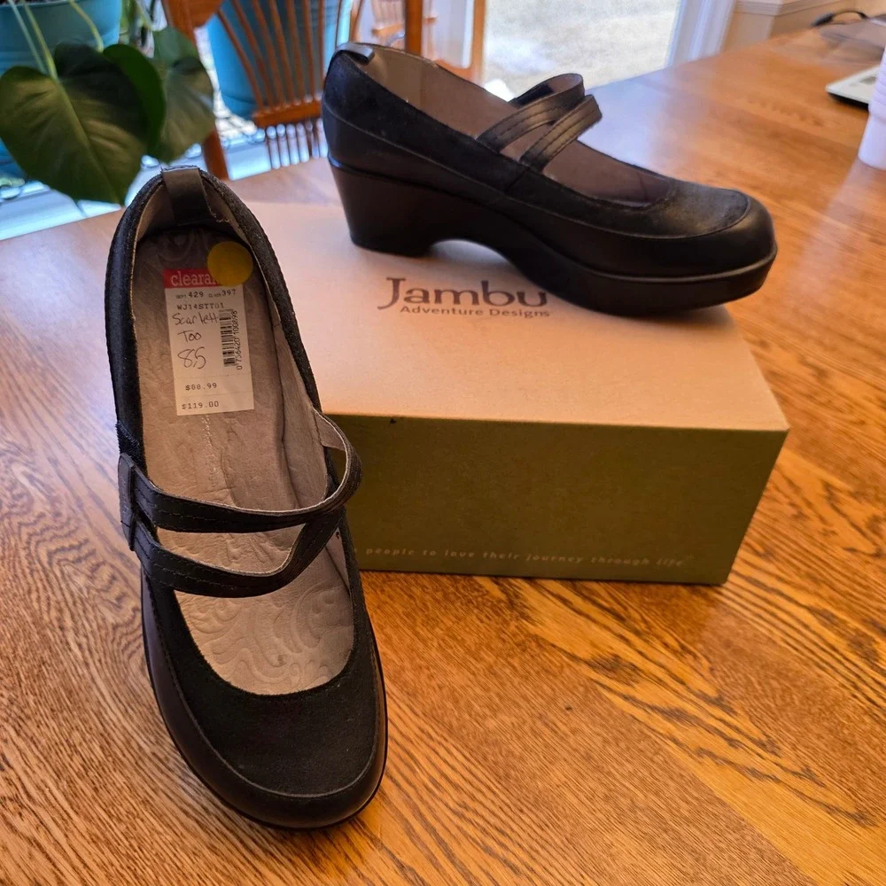 Jambu Scarlet-Too 8.5M Black Leather Suede Wedge Mary Jane Shoes New in Box‎